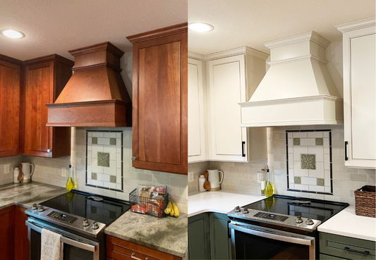 Cherrywood kitchen cabinets painted white and green